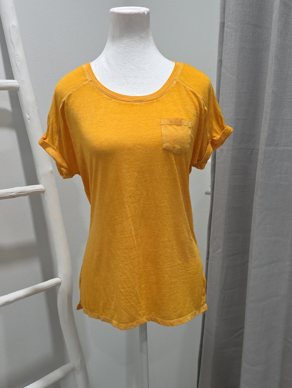 Short Sleeve Stretch Flowy Pocket Tee - Mustard Yellow